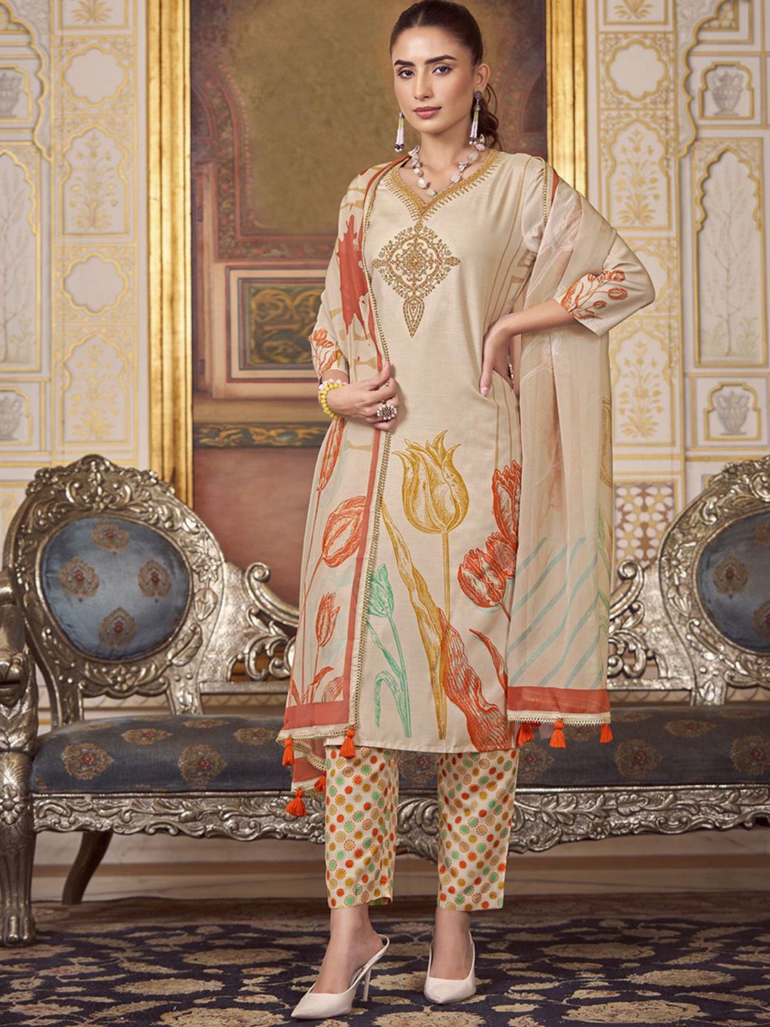 KALINI Floral Embroidered Thread Work Kurta with Trousers & Dupatta