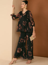 Antheaa Floral Printed Embellished V-Neck Top With Palazzos Co-Ords