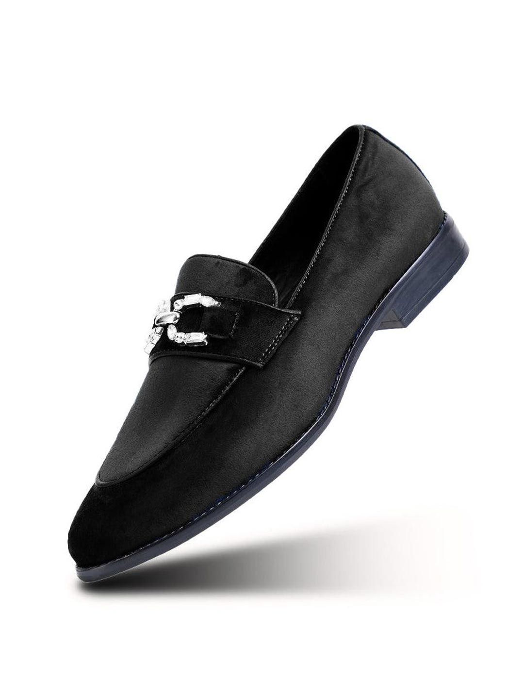 Monkstory Men Royal Black Velvet Crystal Bit Loafers