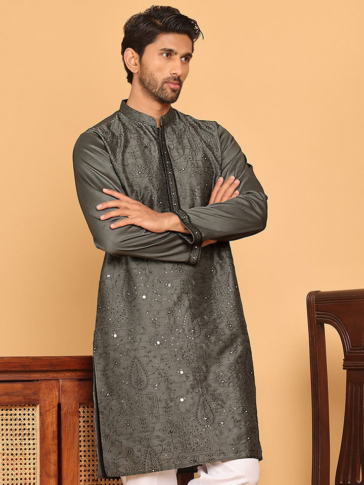 Jompers Floral Embroidered Mandarin Collar Mirror Work Straight Kurta