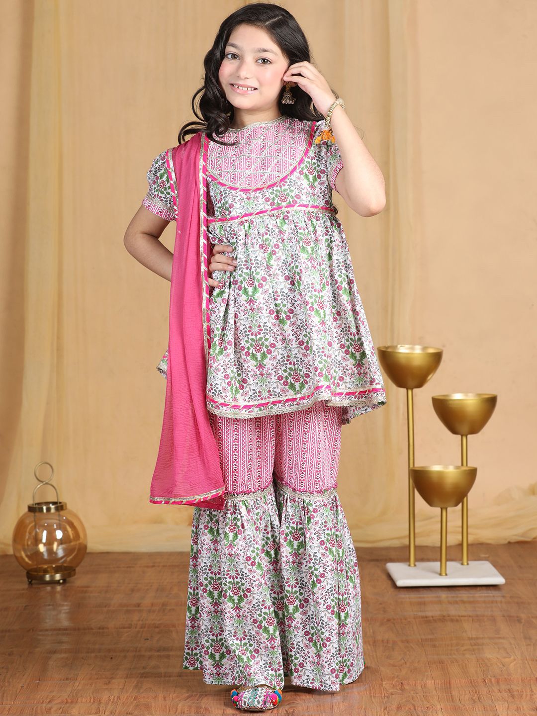 Cutiekins Girls Floral Printed Empire Gotta Patti Kurta with Sharara & With Dupatta