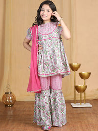 Cutiekins Girls Floral Printed Empire Gotta Patti Kurta with Sharara & With Dupatta
