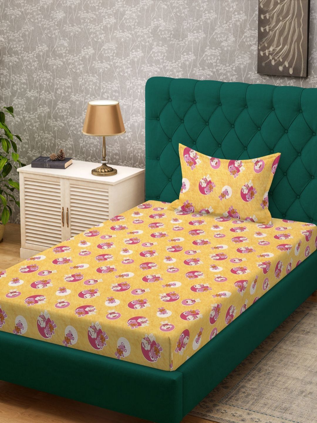 KLOTTHE Yellow Conversational Pure Cotton 400 TC Single Superfine Bedsheet with a Pillow Cover-225 x 150 cm