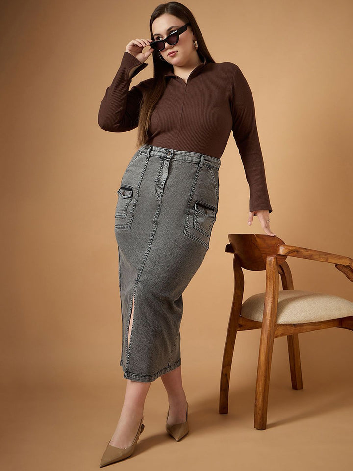 SASSAFRAS Curve Denim Front Slit Midi Skirt