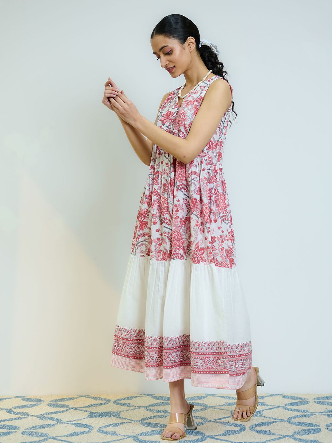 Rustorange Women Peach Red Sanganeri Printed Cotton Tier Dress