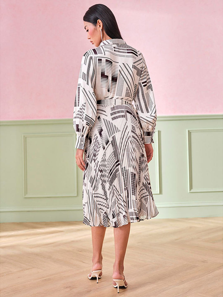 AND Abstract Printed Shirt Collar A-Line Midi Dress