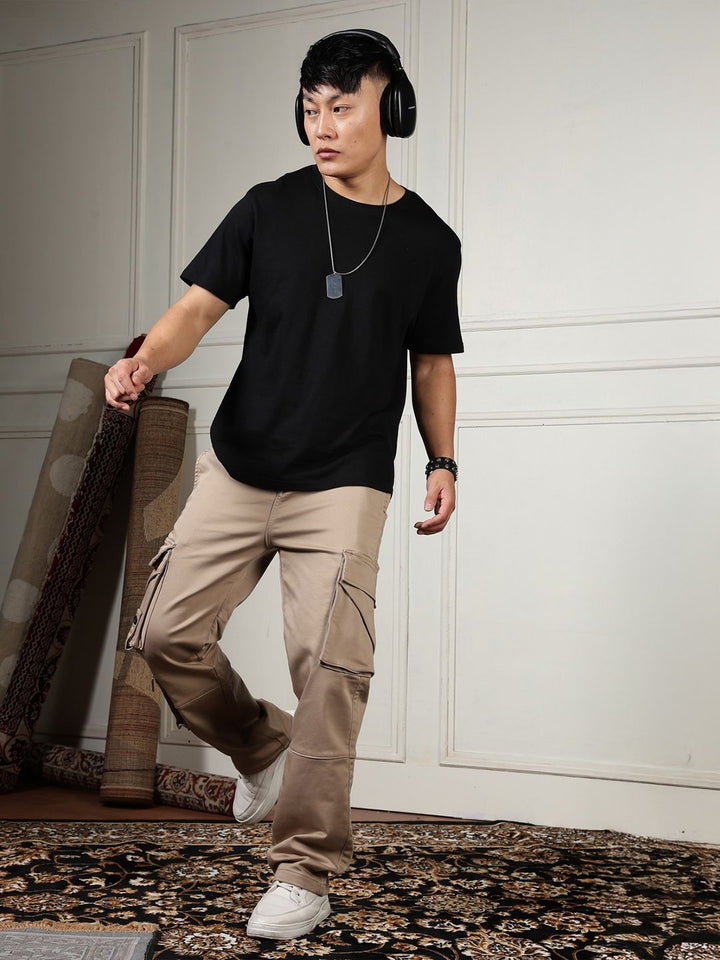 Eszett Men Cream High-Rise Easy Wash Cotton Cargos Seluar Biasa Fit