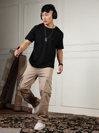 Eszett Men Cream High-Rise Easy Wash Cotton Cargos Seluar Biasa Fit