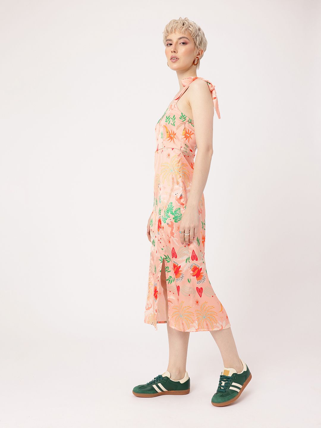 DressBerry Enduring Chic Satin Finish Printed Side Slit A-Line Midi Dress