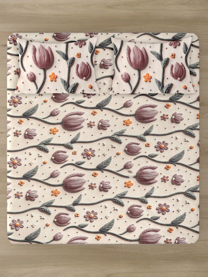 Myntra Elegant Cream Floral Printed Flat 300 TC King 7D Bedsheet & 2 Pillow Covers