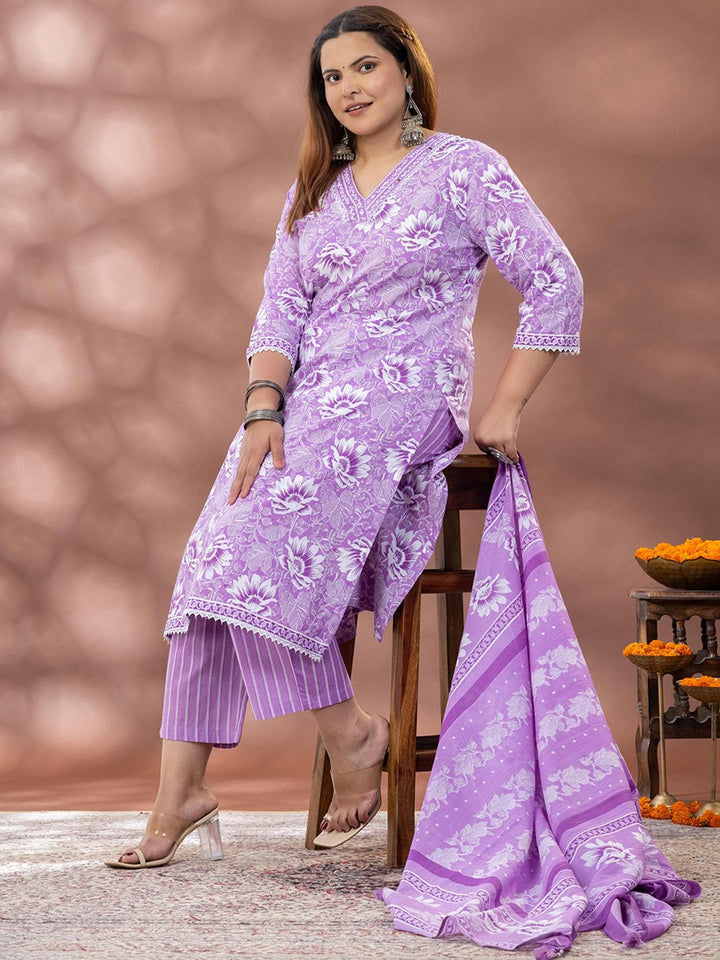 Mamicha Floral Printed Mirror Work Straight Kurta With Palazzo & Dupatta