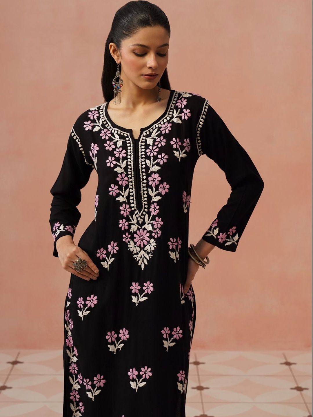 Rumah Wanita Chikankari Kurta Chikankari Sulaman Bunga