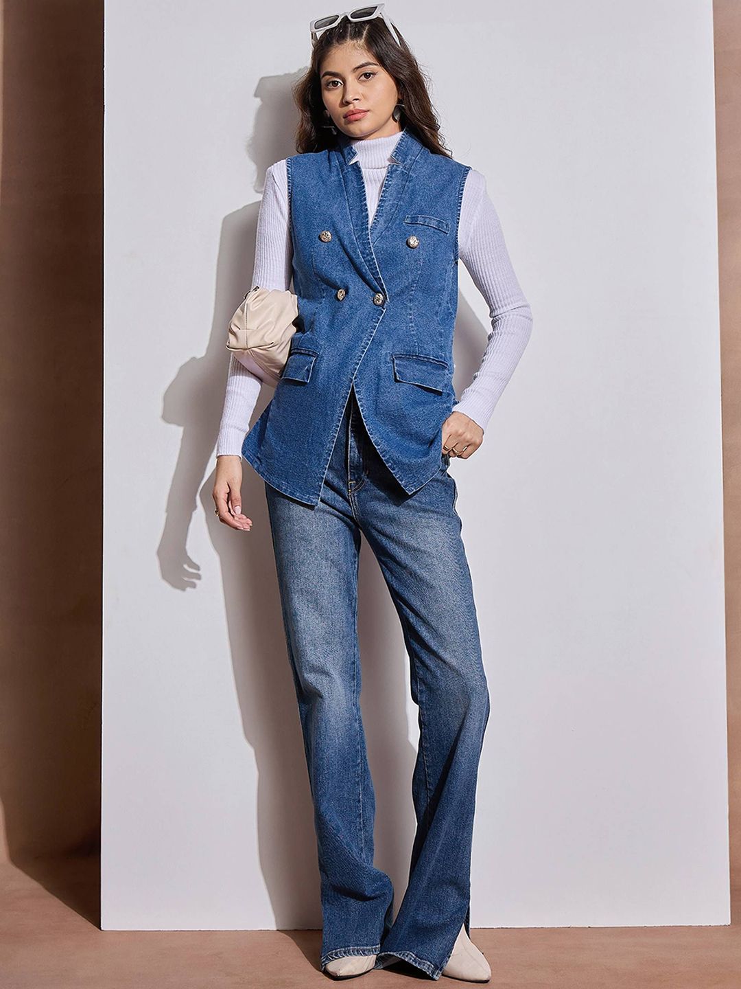 Sassafras wanita lapel collar dibasuh jaket denim kasual pepejal