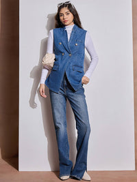 Sassafras wanita lapel collar dibasuh jaket denim kasual pepejal