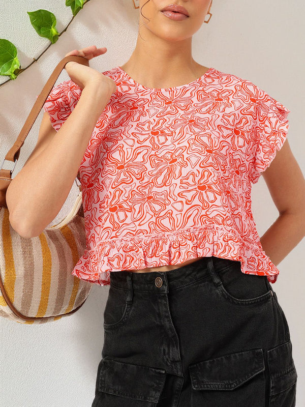 DressBerry Citrus Moment Flutter Sleeve Ruffled Floral Print Top