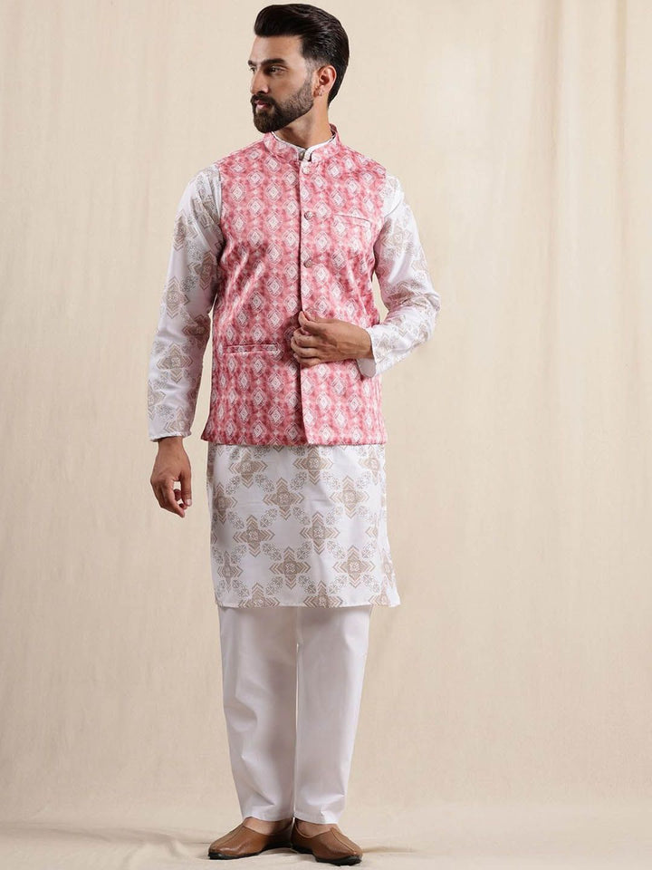 Anouk Geometric Printed Linen Straight Kurta With Pyjamas & Nehru Jacket