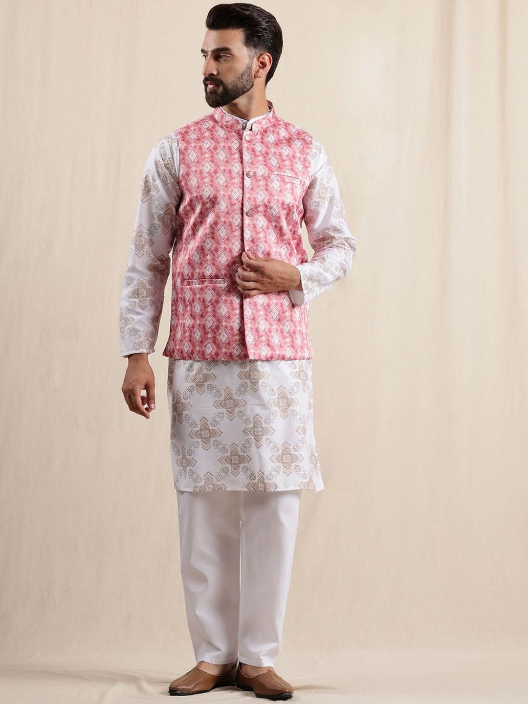 Anouk Geometric Printed Linen Straight Kurta With Pyjamas & Nehru Jacket