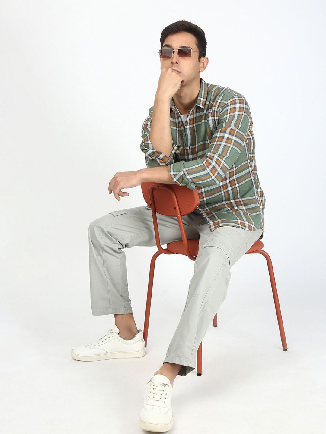 Bene Kleed Men Tartan Checked Spread Collar Cotton Casual Shirt