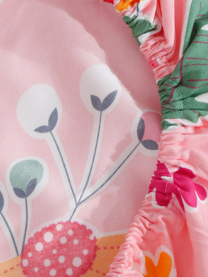 KLOTTHE Pink Floral Cotton 300 TC Fitted King Fine Bedsheet with 2 Pillow Covers-98 x 87 inches