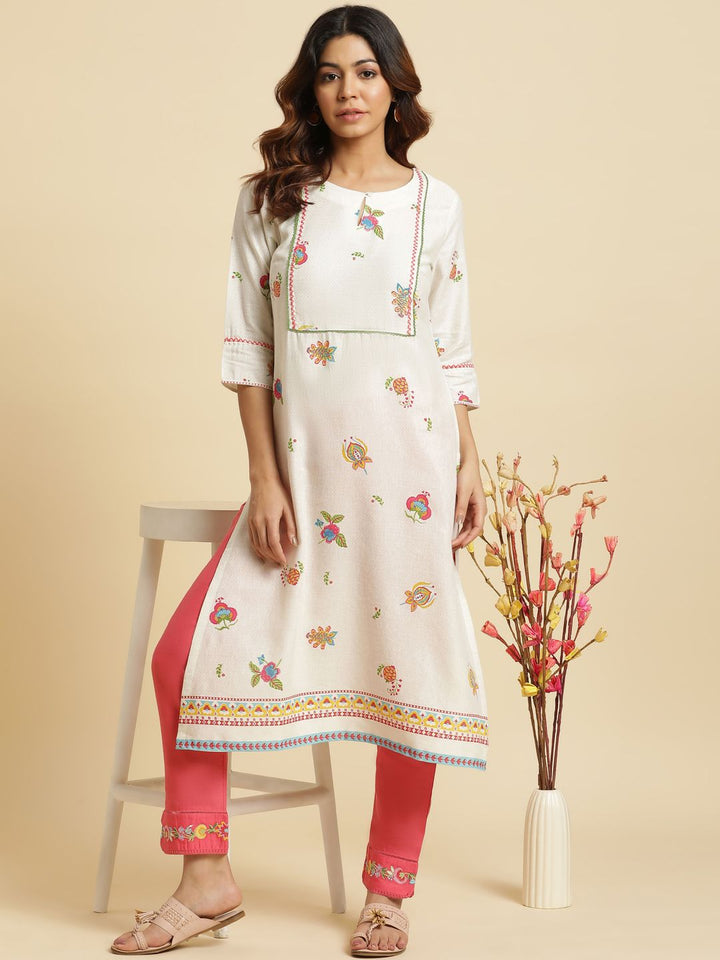 W White Floral Printed Thread Work Straight Kurta