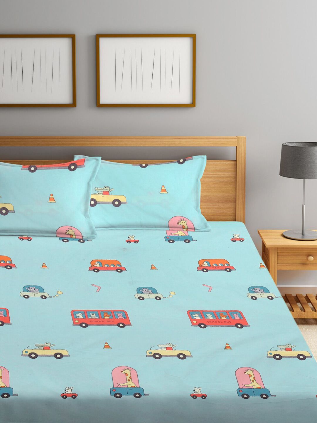 KLOTTHE Turquoise Blue Graphic Cotton 300 TC Fitted King Fine Bedsheet with 2 Pillow Covers-98 x 87 inches