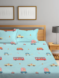 KLOTTHE Turquoise Blue Graphic Cotton 300 TC Fitted King Fine Bedsheet with 2 Pillow Covers-98 x 87 inches