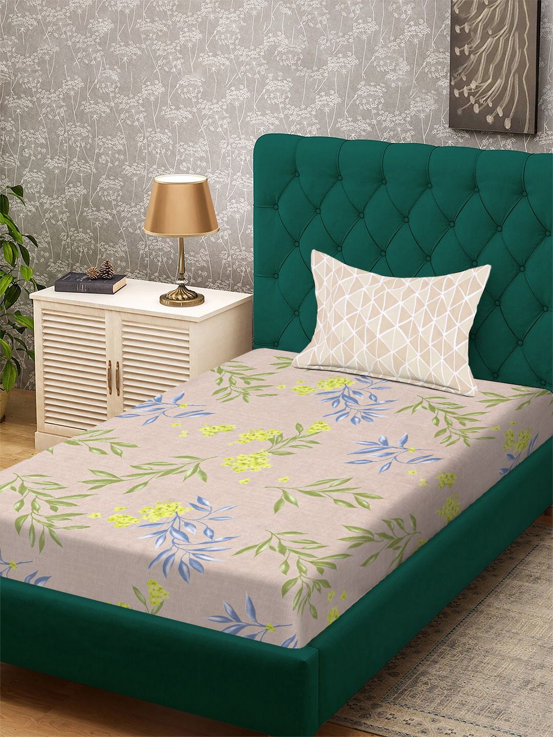 Aura Beige & Blue Floral Printed 300 TC Fitted Single Bedsheet Set 1.5 m x 2.2 m