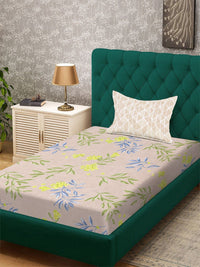 Aura Beige & Blue Floral Printed 300 TC Fitted Single Bedsheet Set 1.5 m x 2.2 m