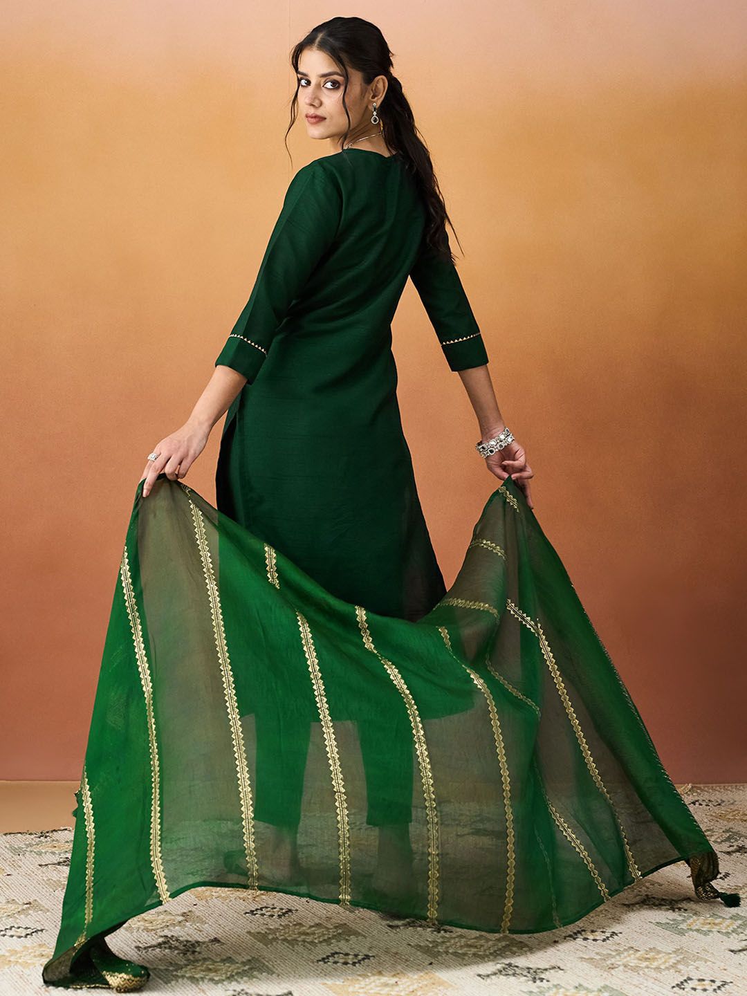 KALINI Ethnic Motifs Embroidered V-Neck Straight Kurta With Trousers & Dupatta