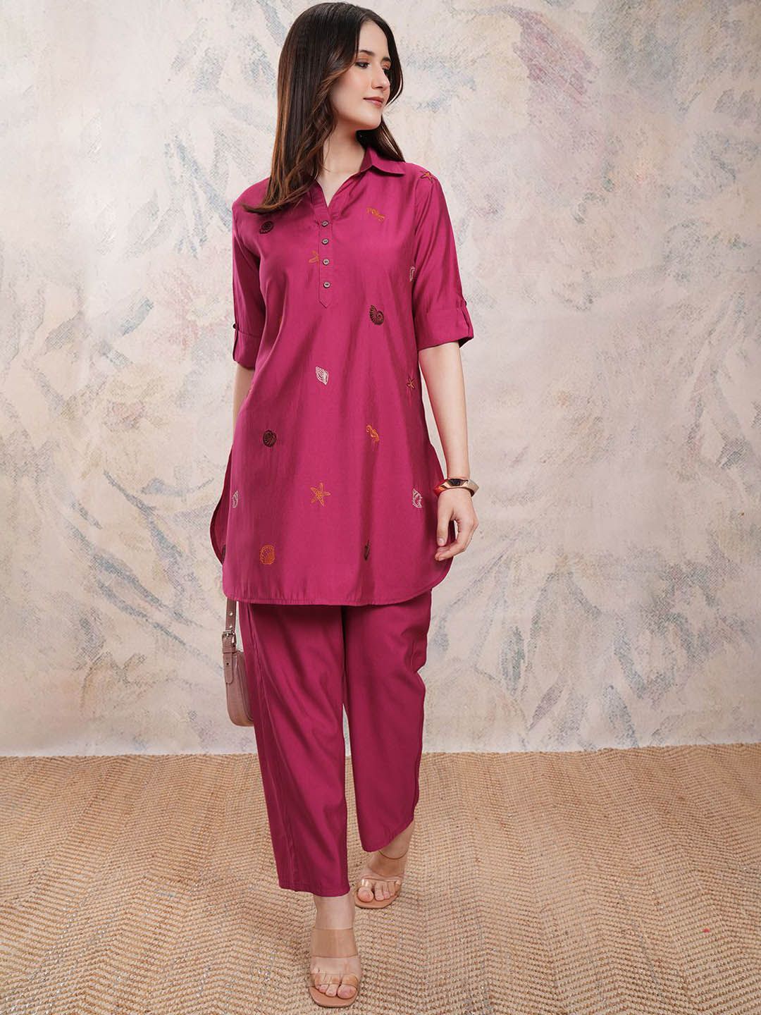 Vishudh Women Embroidered Shirt Collar Three-Quarter Sleeves Top With Trouser