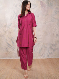 Vishudh Women Embroidered Shirt Collar Three-Quarter Sleeves Top With Trouser