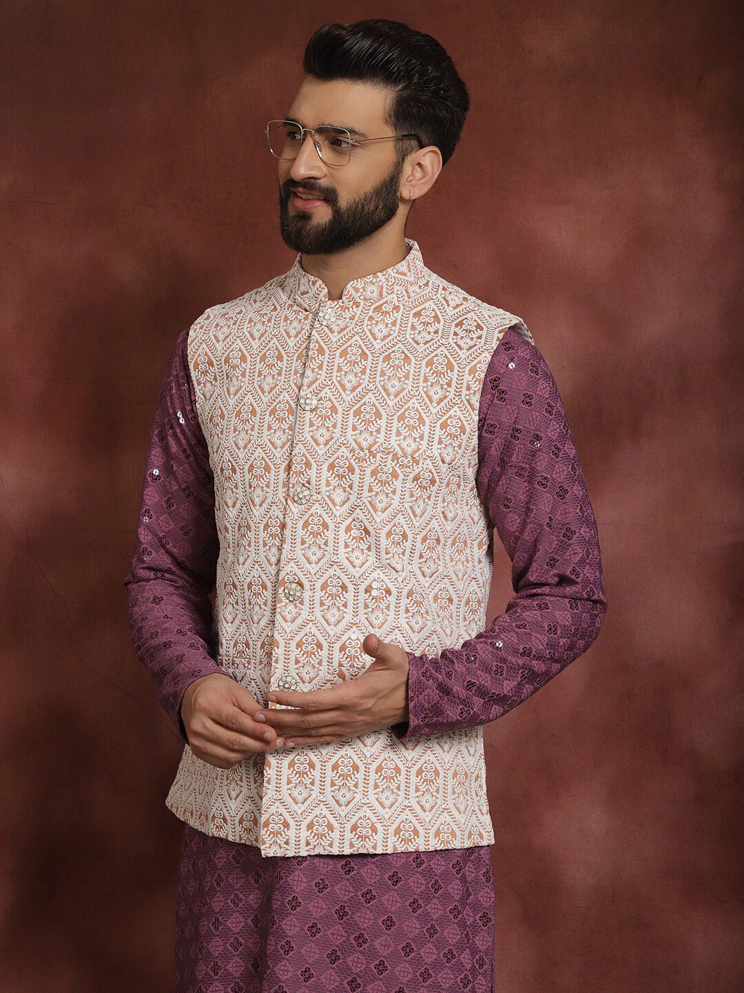 Anouk Embroidered Thread Work Regular Kurta Churidar & Nehru jacket