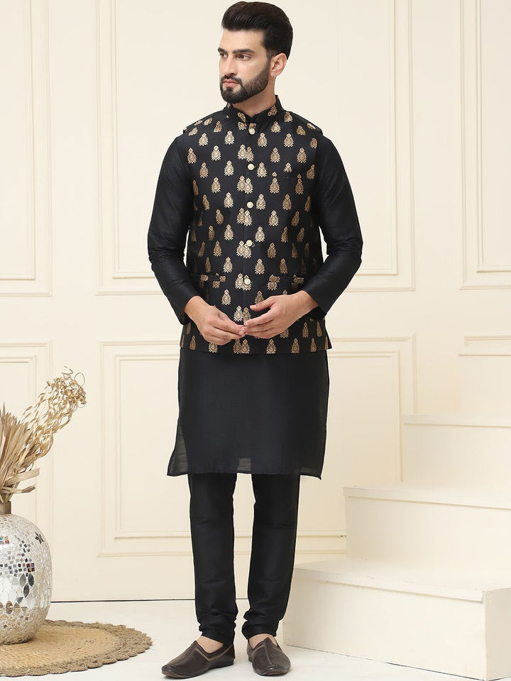 SOJANYA Mandarin Collar Silk Cotton Straight Kurta with Churidar & Nehru jacket