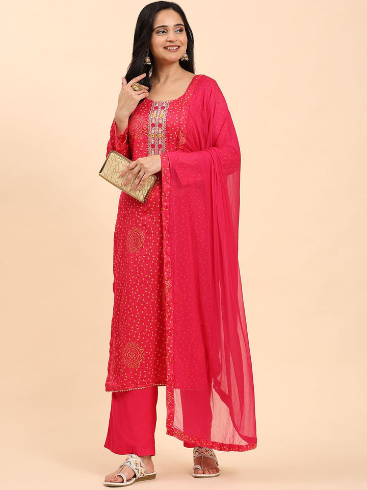 Mamicha Women Bandhani Embroidered Regular Pure Cotton Kurta with Palazzos & With Dupatta