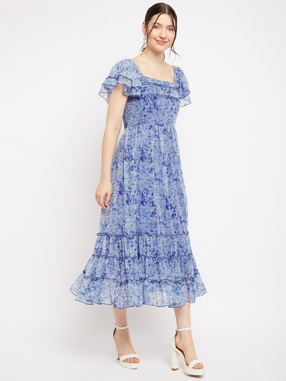 Antheaa Square Neck Abstract Printed Tiered Embellished Chiffon Fit & Flare Midi Dress