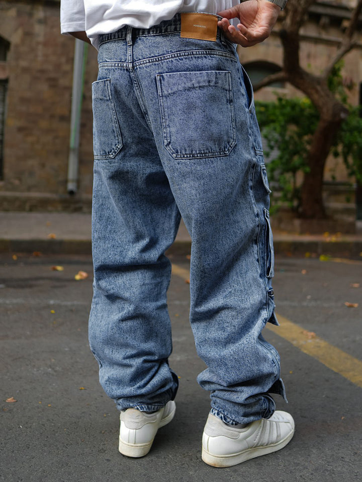 Powerlook Men Loose Baggy Fit Pure Cotton Denim Cargos