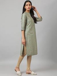 W Floral Printed Mandarin Collar Roll-Up Sleeves Straight Kurta