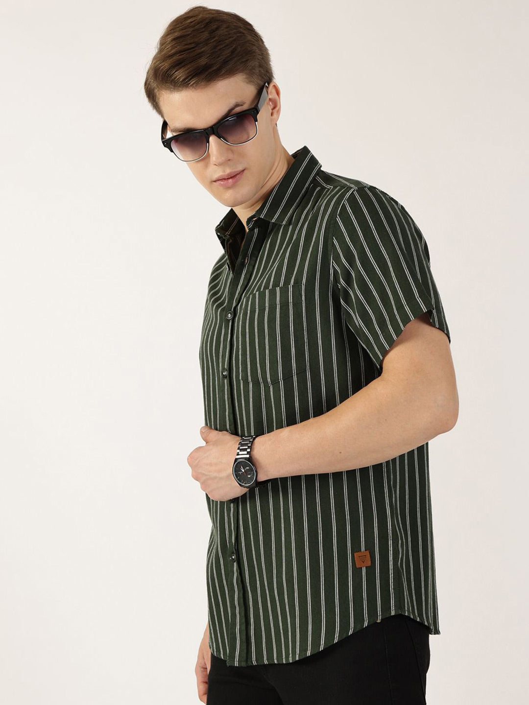 Thomas Scott Men Classic Slim Fit Spread Collar Vertical Striped Cotton Casual Shirt