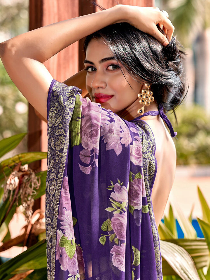 Saree mall Violet Floral Printed Poly Georgette Saree