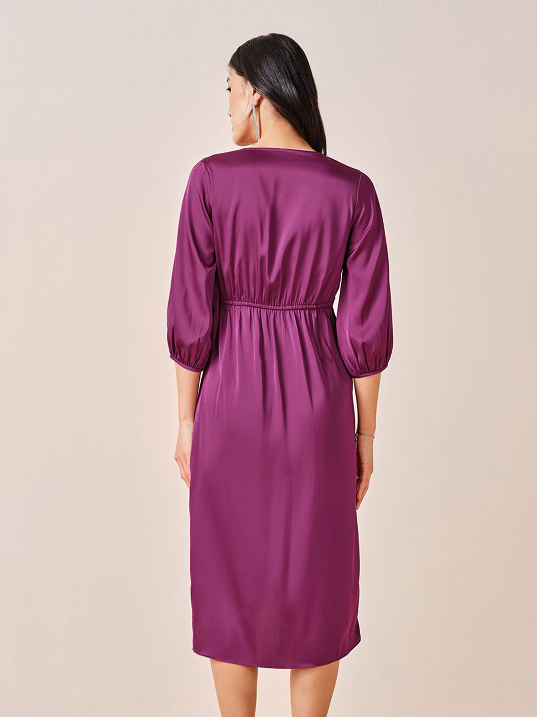 AND Women Solid V-Neck Puff Sleeve Wrap Midi Dress