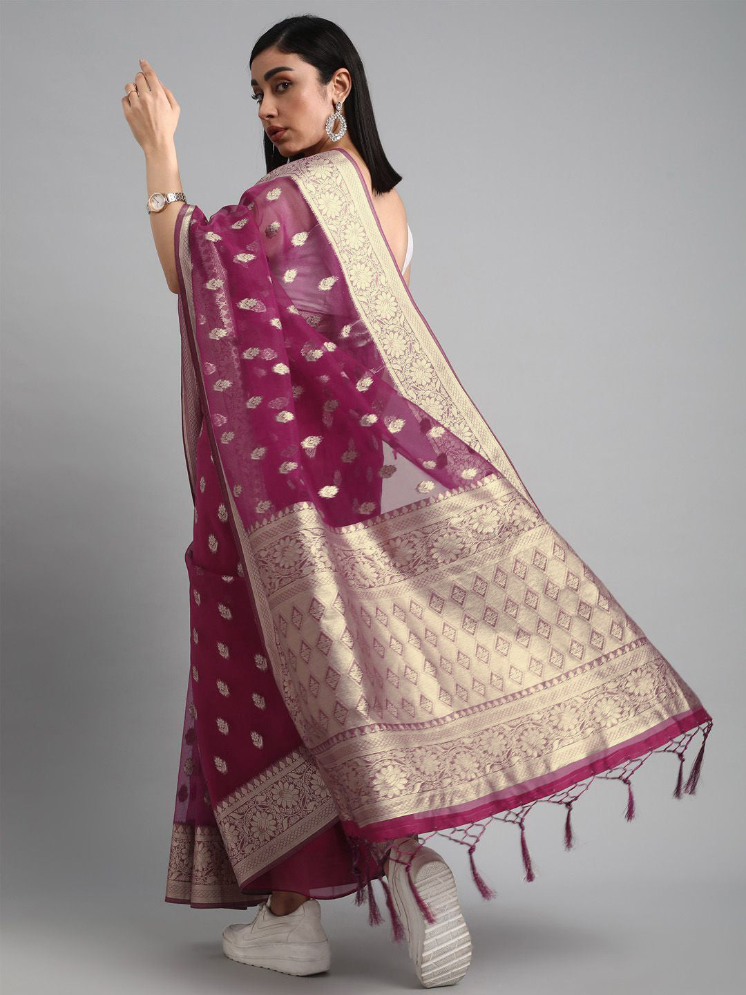 Saree mall Ethnic Motifs Zari Organza Banarasi Sarees