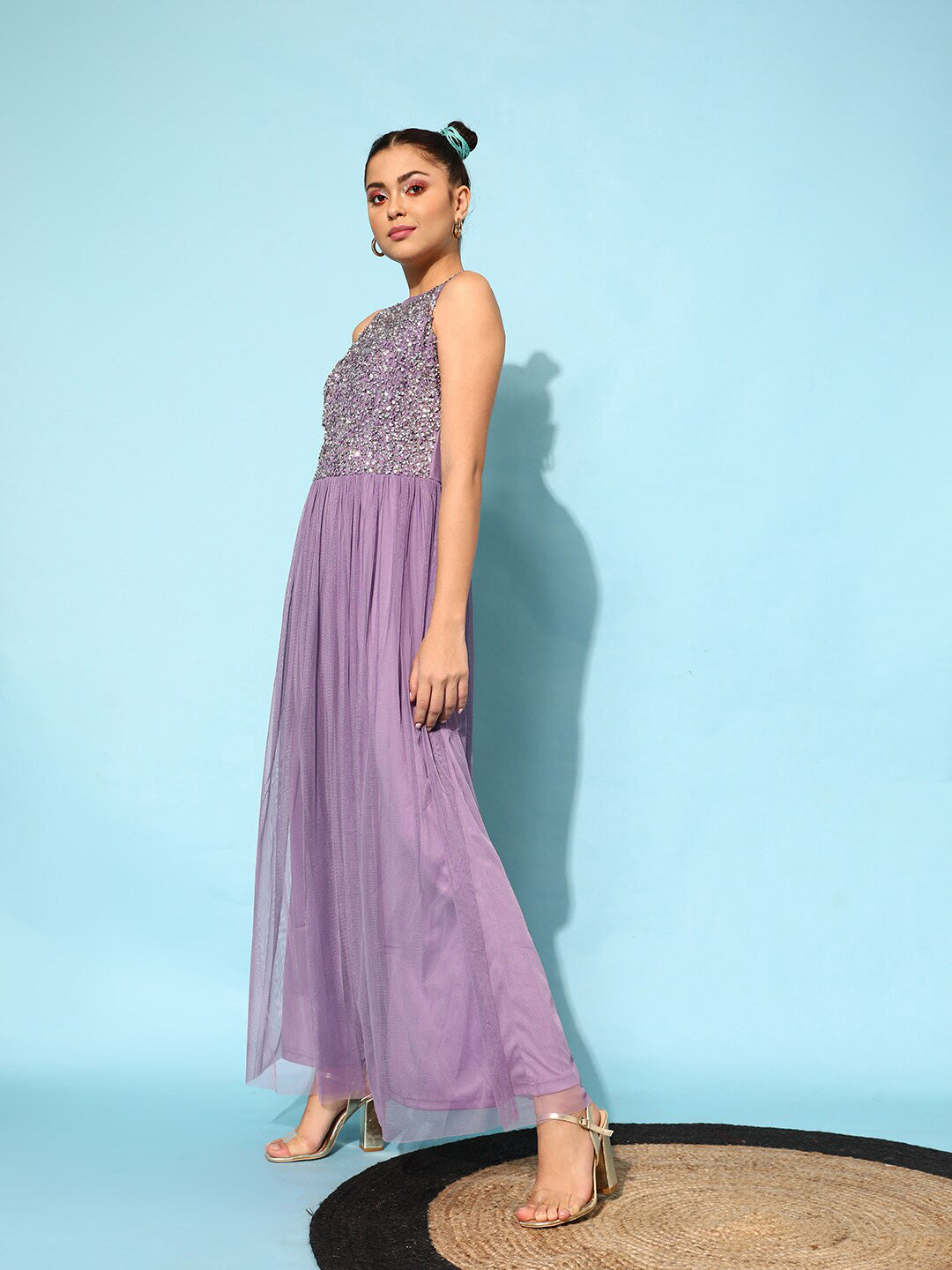 STREET 9 Women Elegant Lavender Solid Maxi Dress