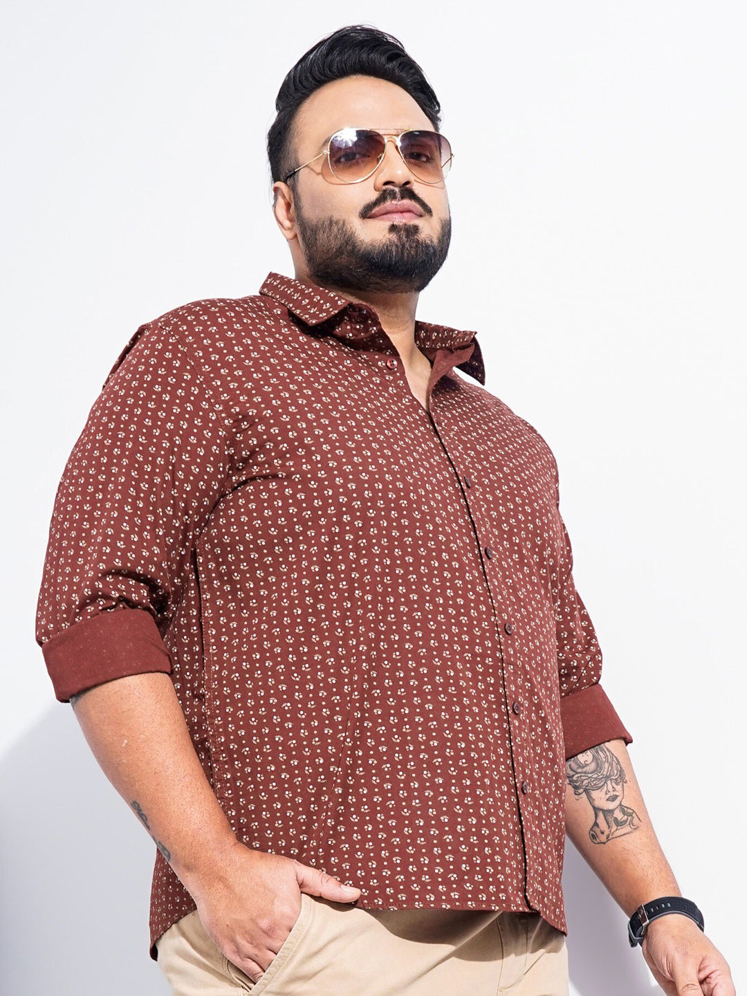 The Indian Garage Co Plus Size Micro Ditsy Printed Pure Cotton Casual Shirt