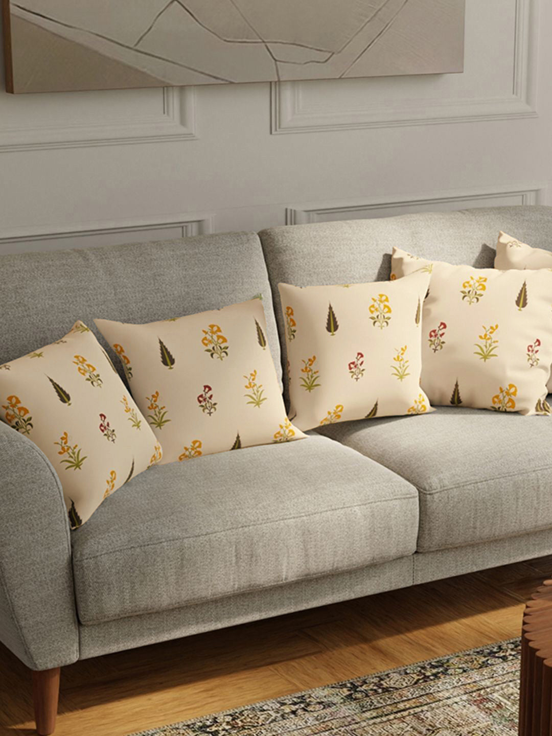 URBAN SPACE White & Yellow 5 Pieces Floral Printed Cotton Square Cushion Covers