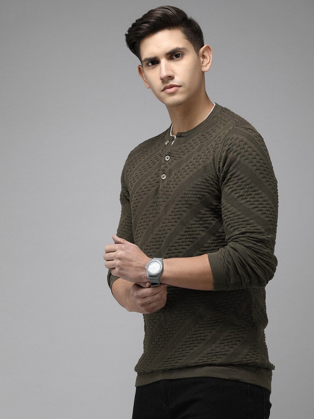 THE BEAR HOUSE Men Ardor Edition Self Design Henley Neck Slim Fit Pure Cotton T-shirt