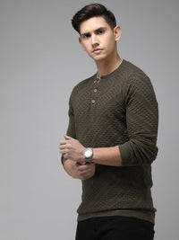 THE BEAR HOUSE Men Ardor Edition Self Design Henley Neck Slim Fit Pure Cotton T-shirt