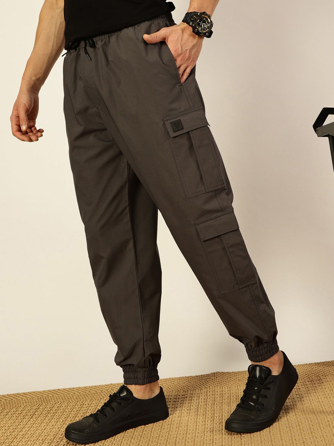 Thomas Scott Men Casual Loose Fit Mid-Rise Cotton Wrinkle Free Solid Joggers Trousers