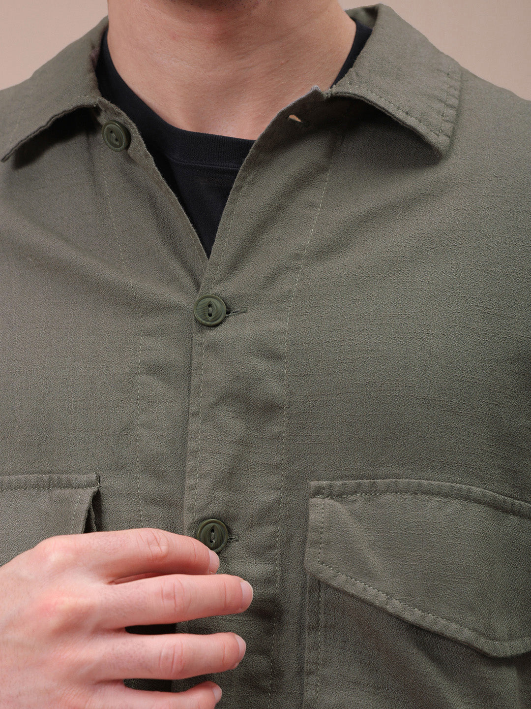 The Indian Garage Co Men Regular Fit Solid Double Flap Pocket Resortwear Overshirt