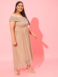 CURVY STREET Peach Plus Size Embellished Net Dress