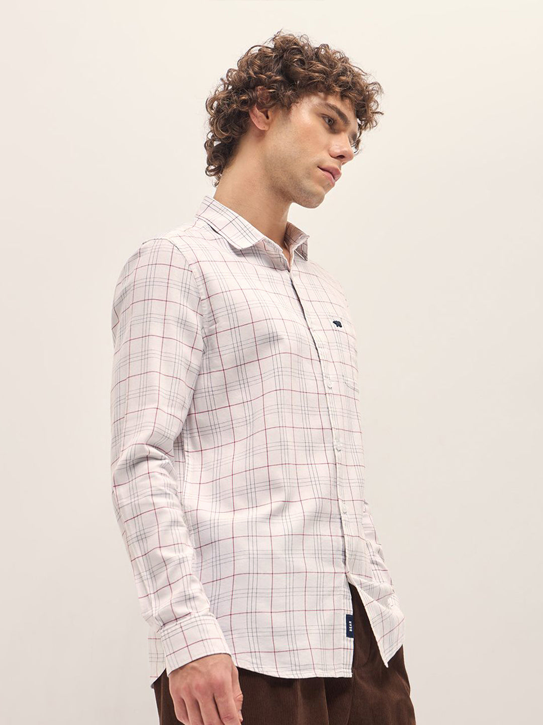 THE BEAR HOUSE Men Spread Collar Tartan Checked Cotton Slim Fit Casual Shirt